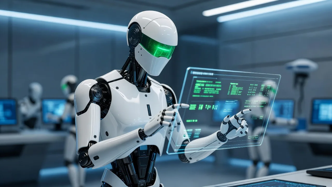 Андроид контролирует работу AI-агентов на голографической панели с зелёными индикаторами состояния